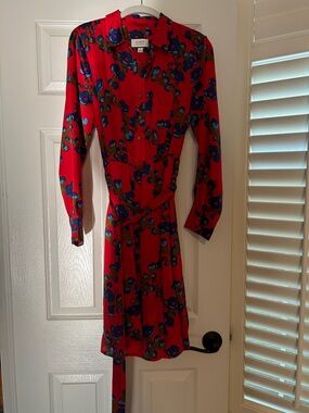 J. Crew Red Long-Sleeve Floral Tie-Waist Shirt Dress
